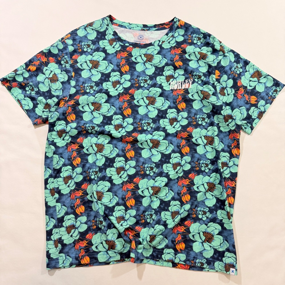 Hurley T-Shirt Men XL Navy Blue Floral Print Short Sleeve Crew Neck Cotton